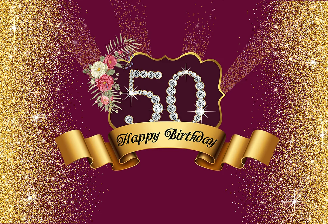 Red And Gold Happy 50th Birthday Backdrop RedBirdParty