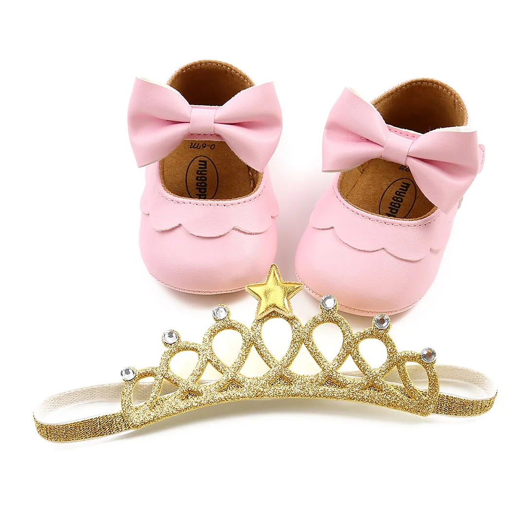 Baby Baptism Shoes and Headband Set, Cute Bowknot Hard Outsole Mary Jane Flats and Crown Hairband for Infant Girls