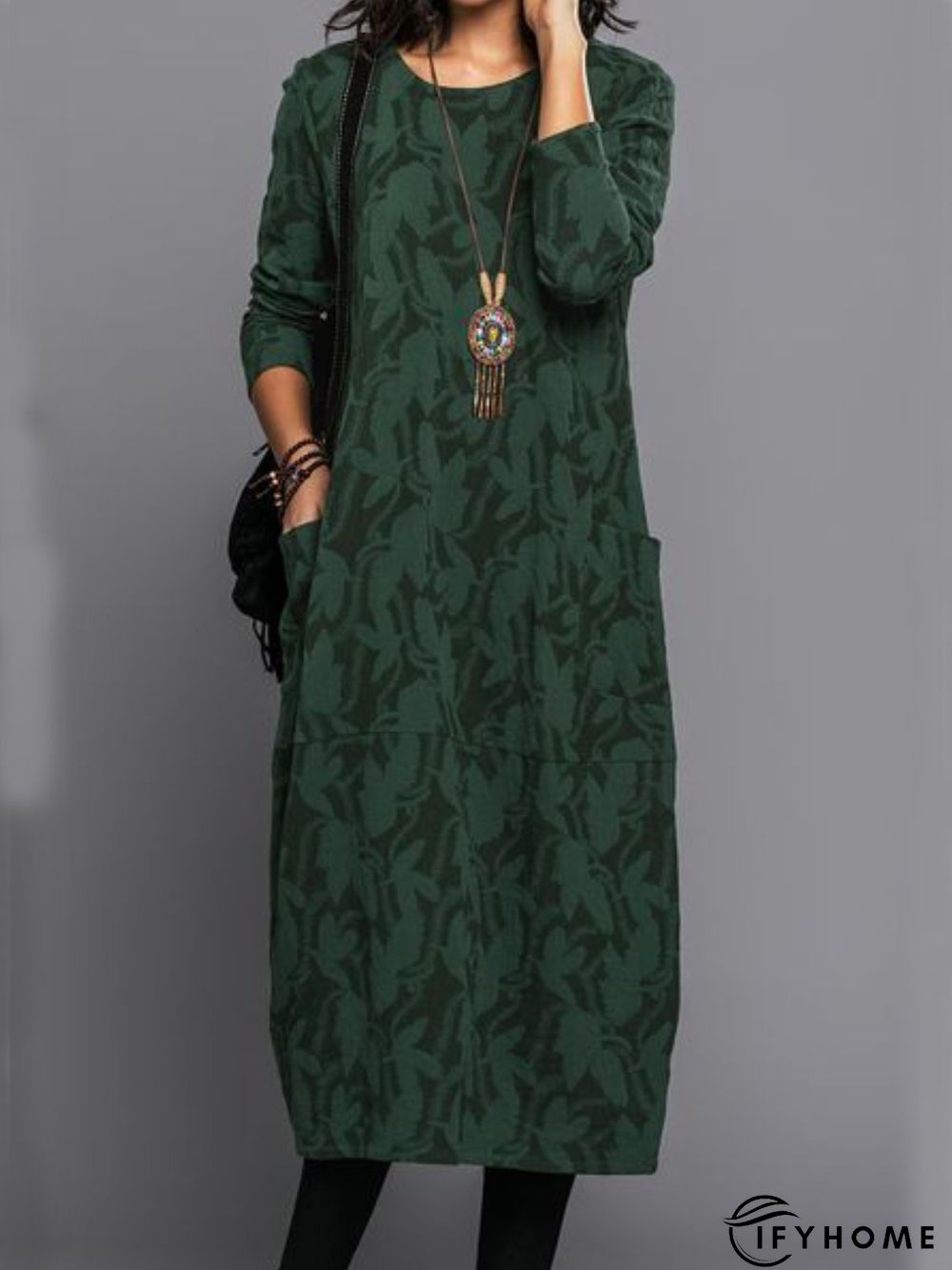 Vintage Printed Winter Jersey Long sleeve Loose Crew Neck Long Dresses for Women | IFYHOME