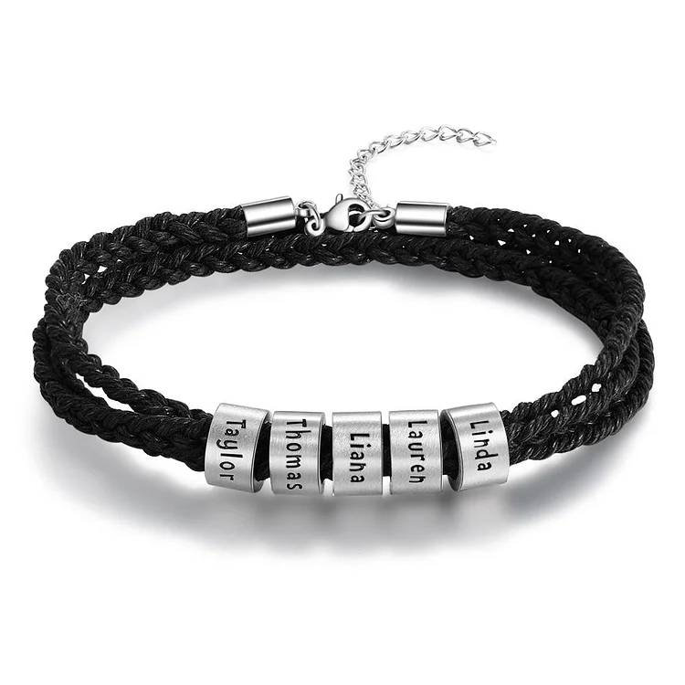 Personalized Mens Leather Braided Bracelet With 5 Sterling Silver Custom Beads Engarved 5 Family Names Bracelet Black