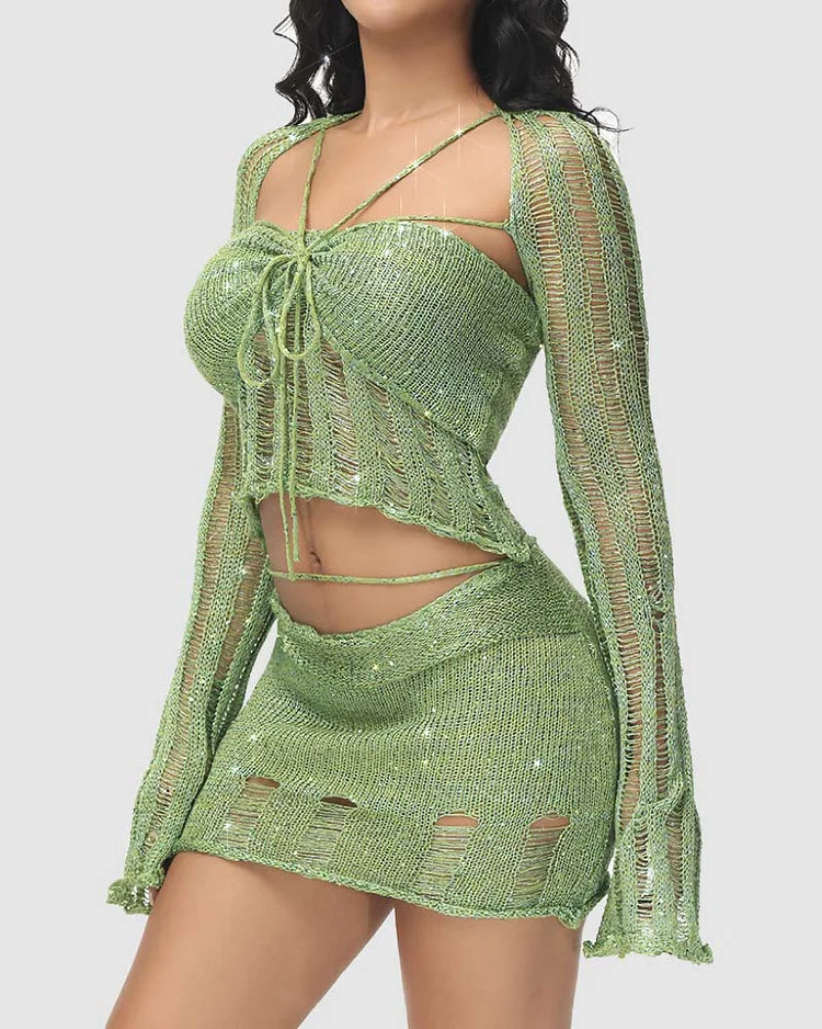 New Dazzling Crochet Short Skirt Coord Set