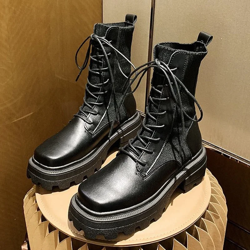 Punk Gothic Platform Boots Women Beige Black Sock Boots 2021 New Sexy Lace Up Black PU Leather Combat Mid-Calf Boots Chunky Heel