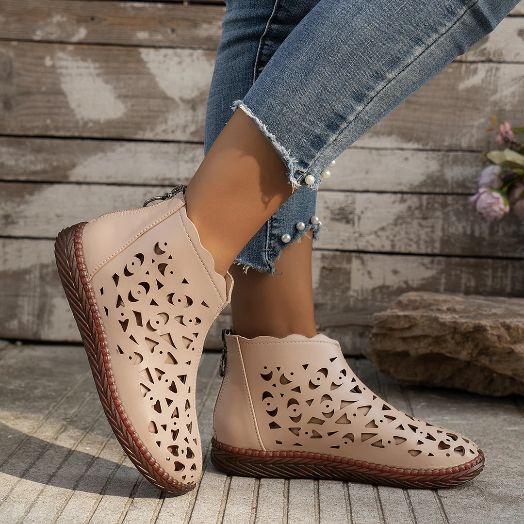 Breakj Breakj And Summer 2025 New Round Head Hollow Shoes Women Fashion Zipper Retro National Style In The Middle Of The Cool Boots