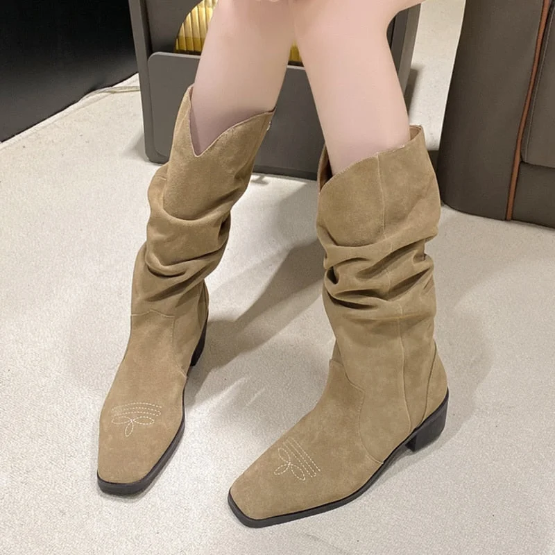 Vstacam Vintage Pleated Suede Mid-Calf Boots Women Square Toe Embroidery Cowboy Boots Woman 2023 Autumn Thick Heels Western