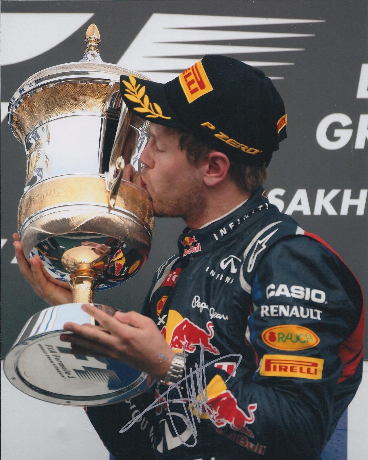 Sebastian Vettel Rare SIGNED F1 Podium 10x8 Photo Poster painting Red Bull AFTAL Autograph COA