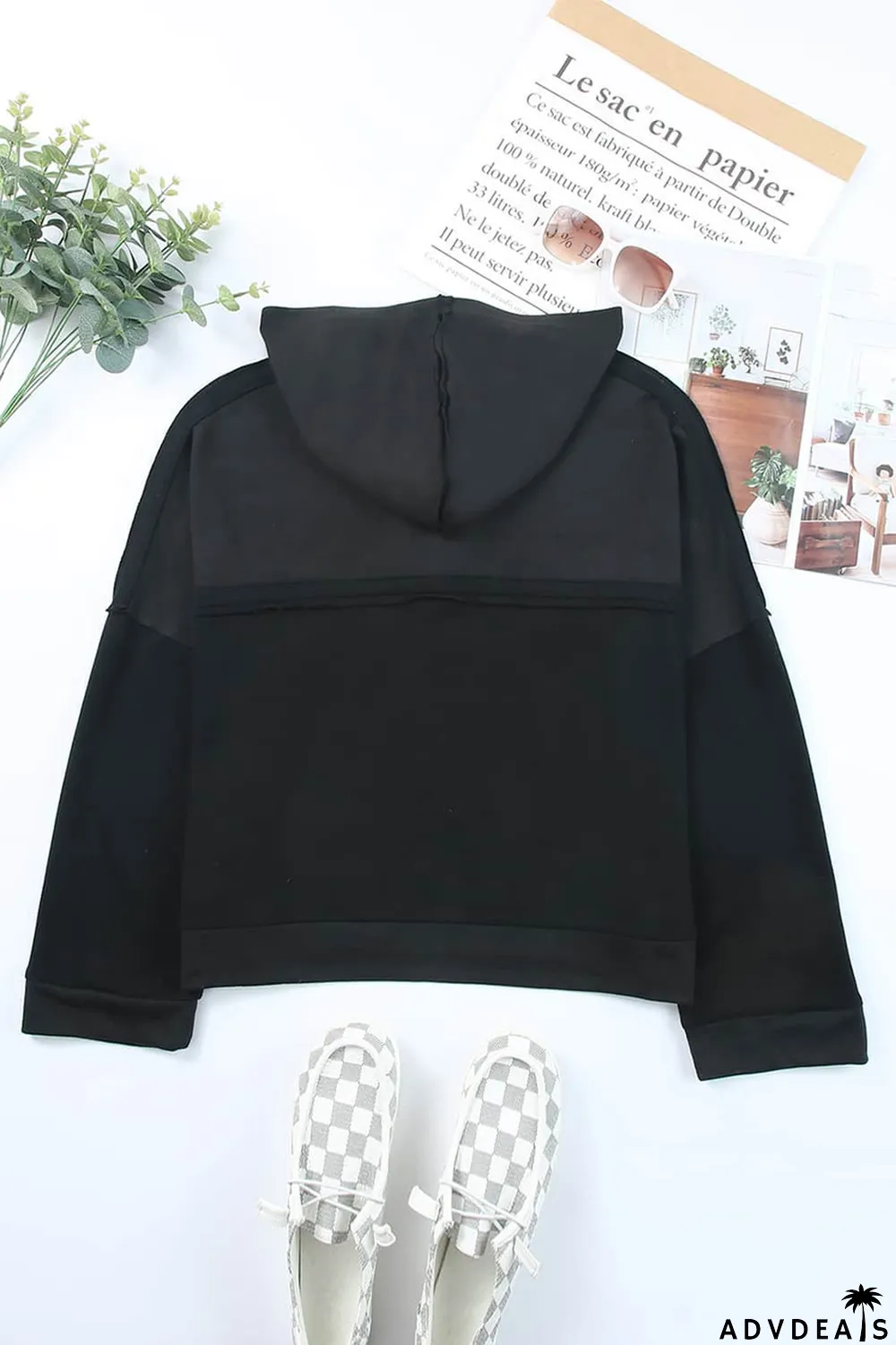 Black Casual Button Solid Patchwork Trim Hoodie