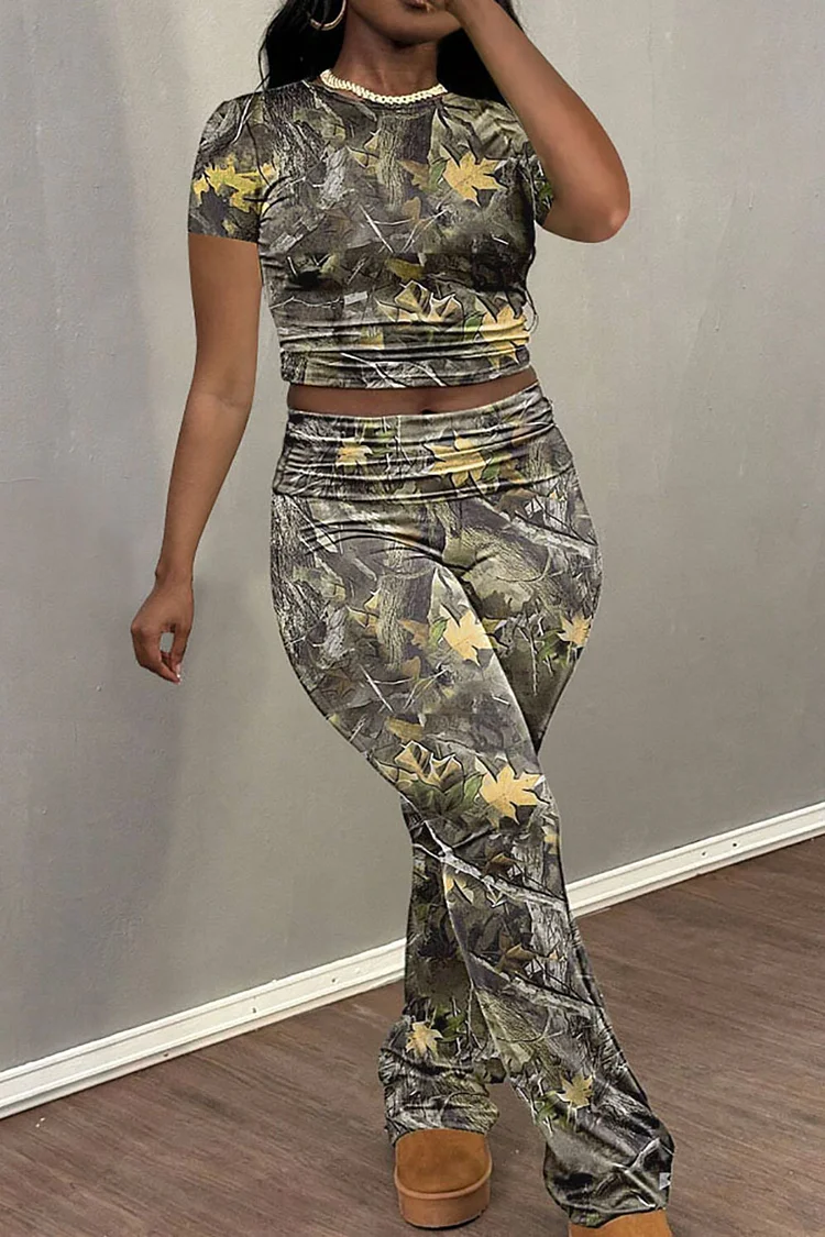 Maple Leaf Print Short Sleeve T-shirt High Waist Pants 2pcs Set-Green