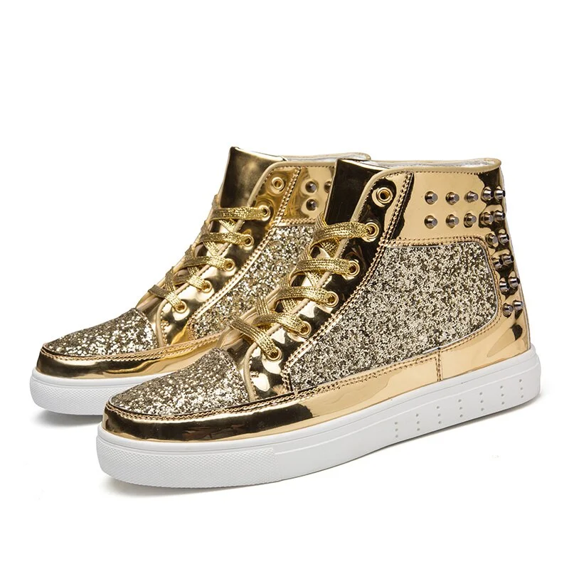 Qengg Fashion Brand Gold Luxury Glitter Shoes Men High top Sneakers Sequin Streetwear Hip Hop Mirrors Sneakers chaussures homme