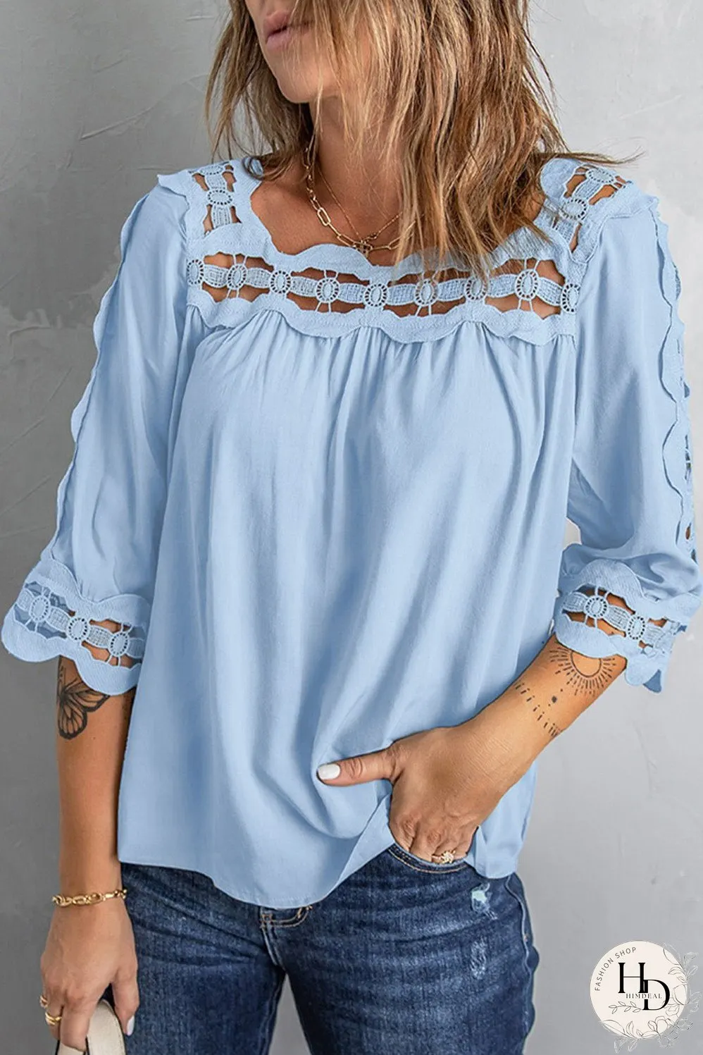 Crochet Openwork Three-Quarter Sleeve Blouse