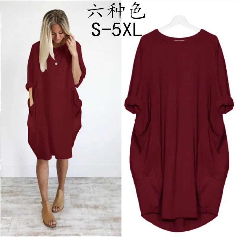 Autumn Solid Color Dress Women 2021 Fahsion Pocket O Neck Long Sleeve Loose Vintage Dresses Female Plus Size Casual Midi Dress