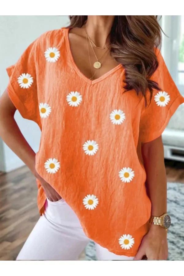 Casual Daisy Floral V Neck Loose Short Sleeve Summer T-Shirt