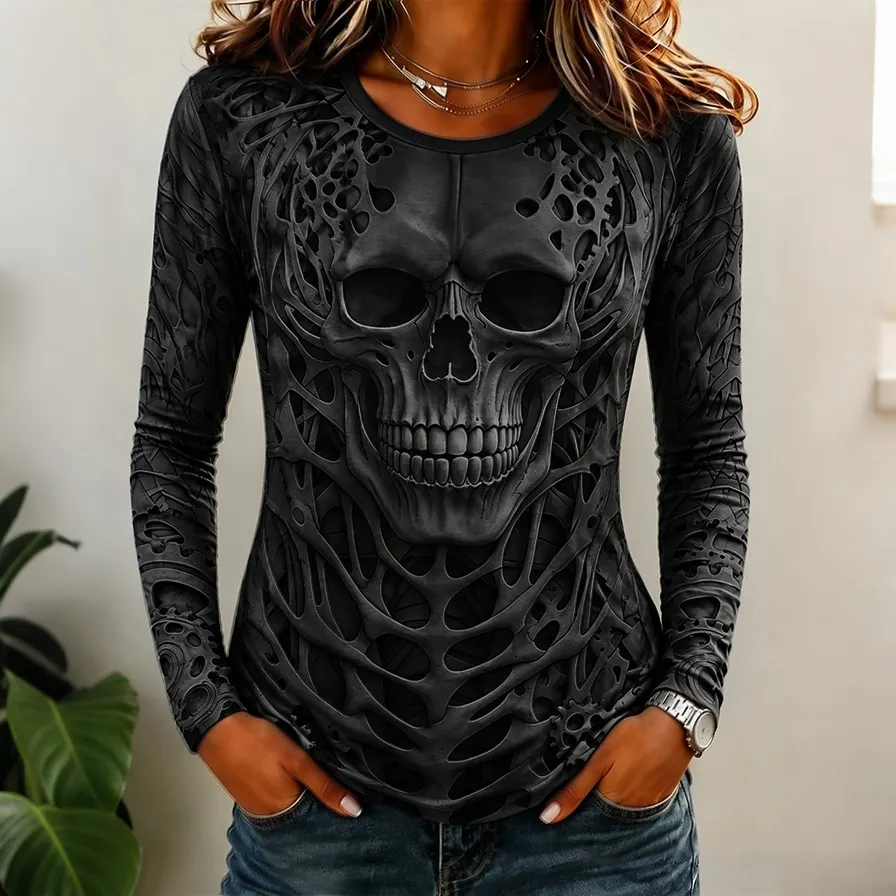 Comstylish Women's Vintage Horror Face Print Comfy Long Sleeve T-shirt