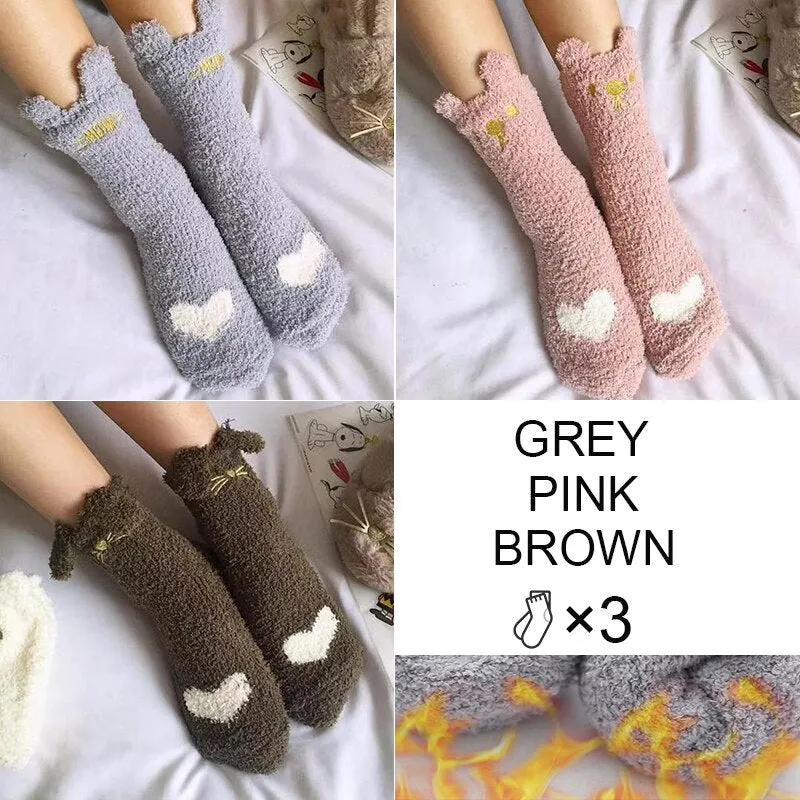 FINETOO 3Pair/Set Women Autumn and Winter Socks Plush  Thick Warm Socks Coral Velvet Animal Sleeping Non-slip Home Floor Socks