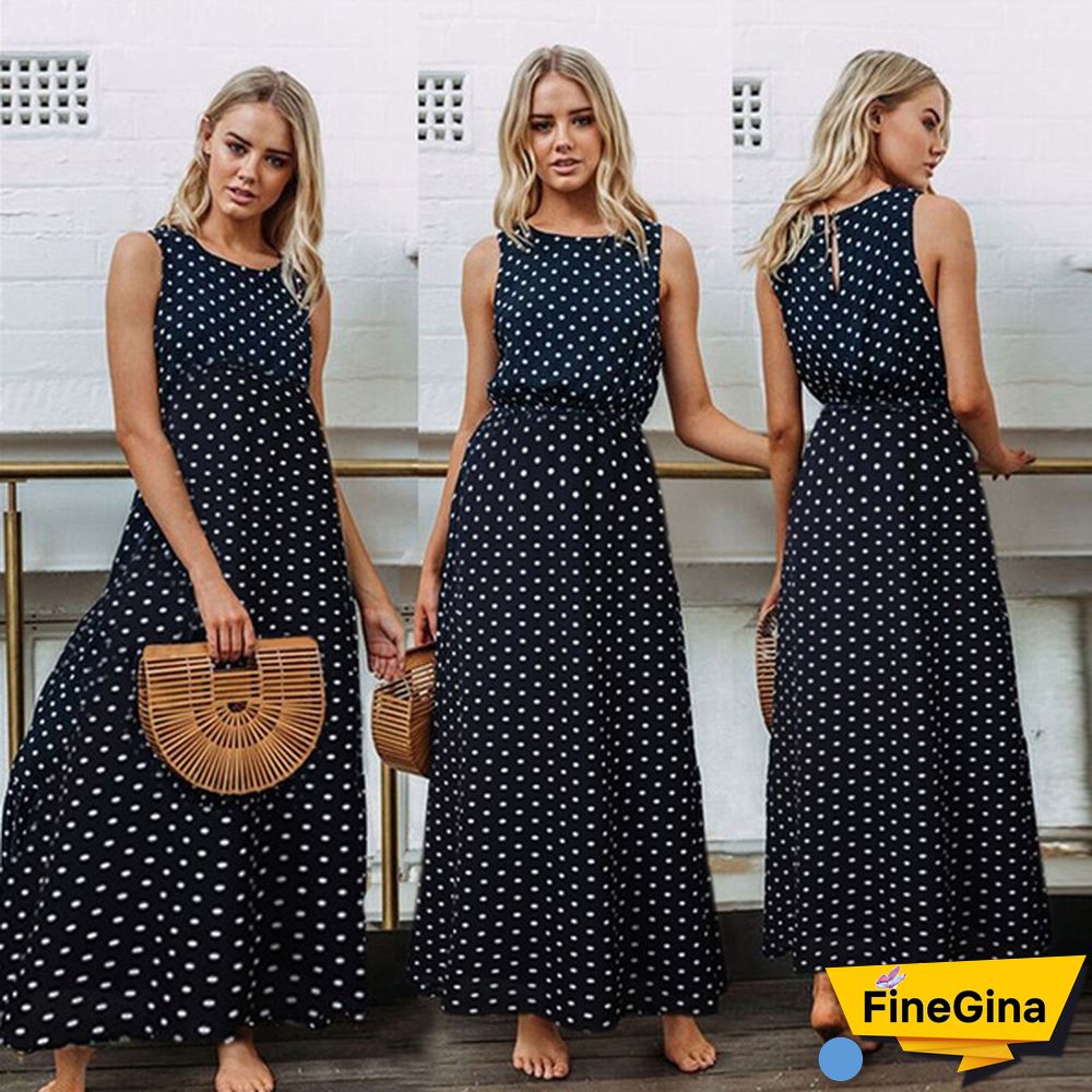Women Loose Sleeveless Holiday Dot Print Long Maxi Dress Evening Party Beach Dresses Summer Sundress