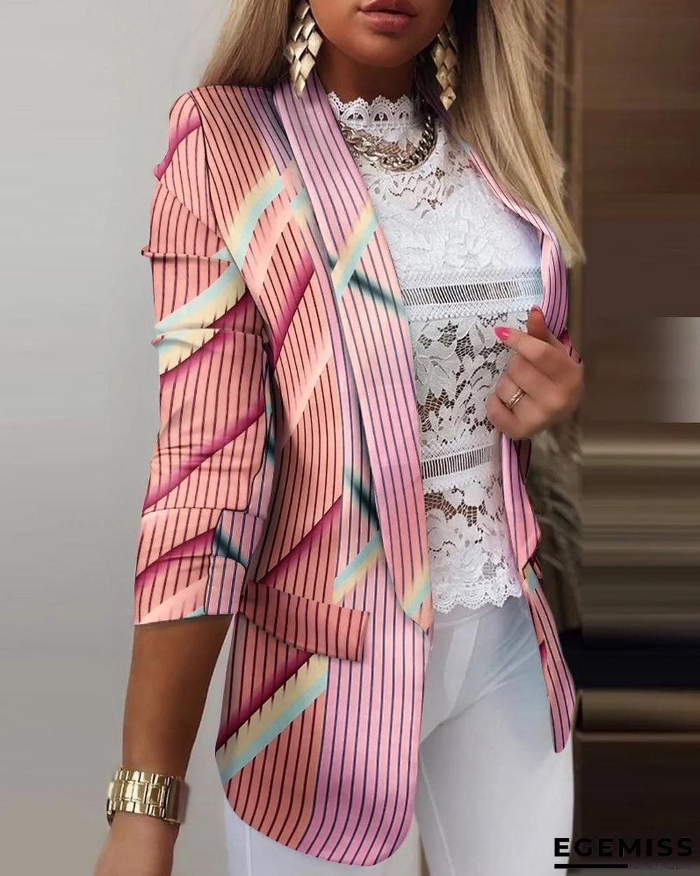 Colorful Stripe Print Long Sleeve Blazer Coat | EGEMISS