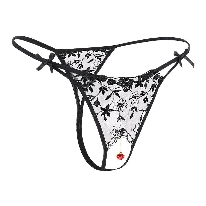 Pearl Pendant Open Thongs Lace Women Underwear Crotchless Embroidery G String Tanga Briefs Lace Transparent Sexy Lingerie