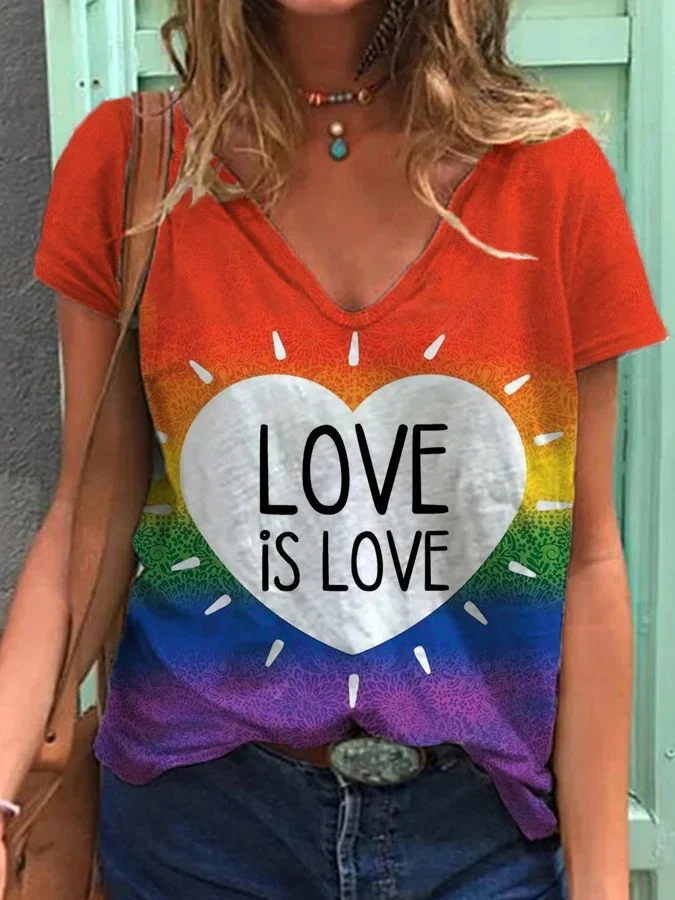 Women's Love Is Love Heart Rainbow Print V-Neck Tee