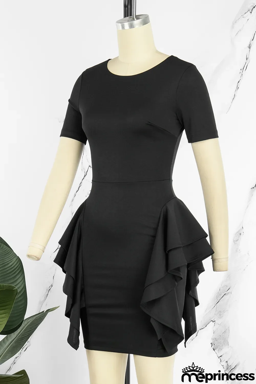 Black Casual Solid Patchwork O Neck Short Sleeve Dress (Without Belt)