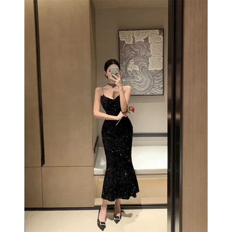 Churchf Churchf New Light Luxury French Condole Dress Female Autumn Velvet Fishtail Temperament Black Sequined Evening Dress Dress