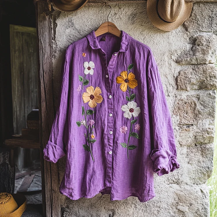 Bohemian Holiday Style Linen Floral Print  Long Sleeve Shirt