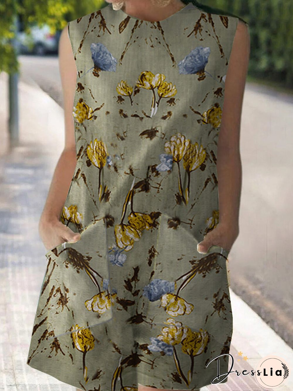 Plant Print Pocket Round Neck Sleeveless Romper