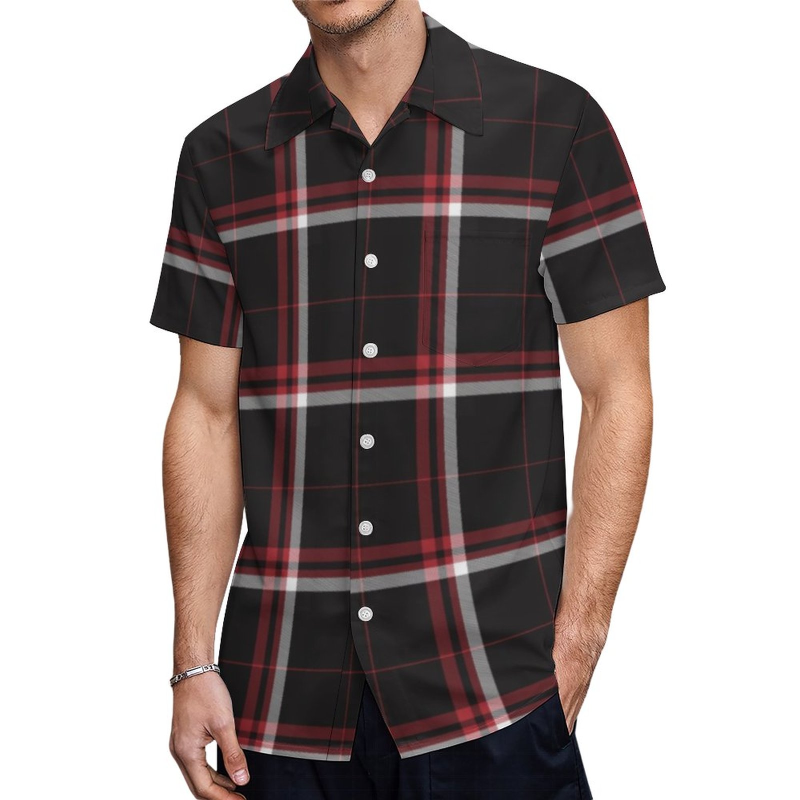 Tartan Plaid Pattern Red Black White Striped Hawaiian Shirt Mens Button Down Tropical Hawaii Beach Shirts
