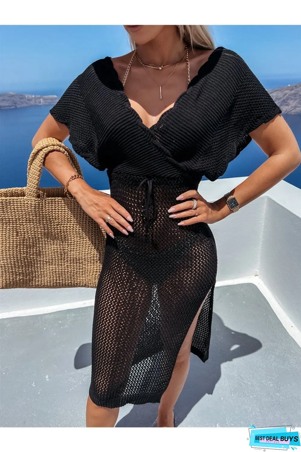 Slit Surplice Cap Sleeve Cover Up