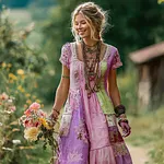 Women's Floral Color Block Round Neck Short Sleeve Long Dress - Image 4