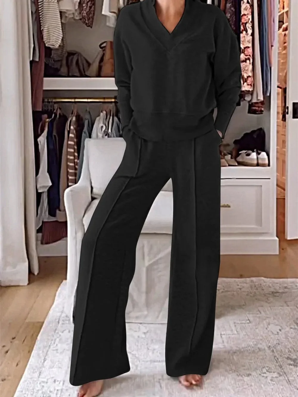 Women's Long Sleeve Hooded Loose Solid Pockets Bottoms&Tops Sets