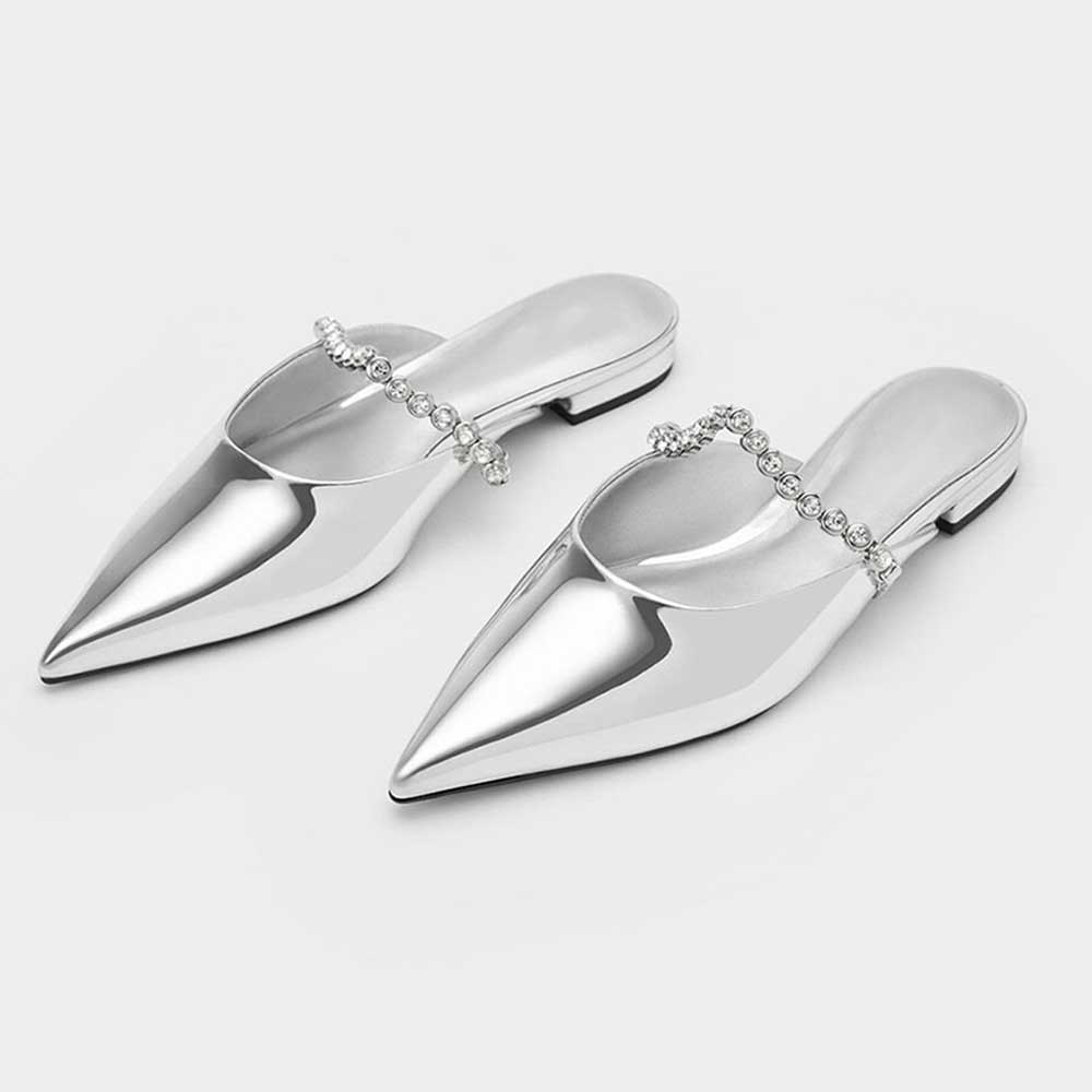 Silver Metallic Pointed Toe Flat Rhinestone Strap Finish Mules Nicepairs