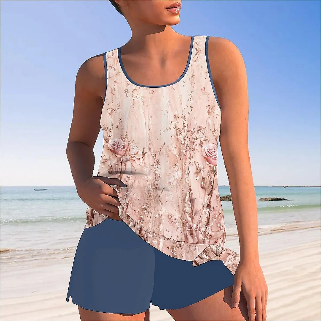 Bowknot Floral,Glitter,Pink Mid Waisted Tankini Set - Plus Size Available