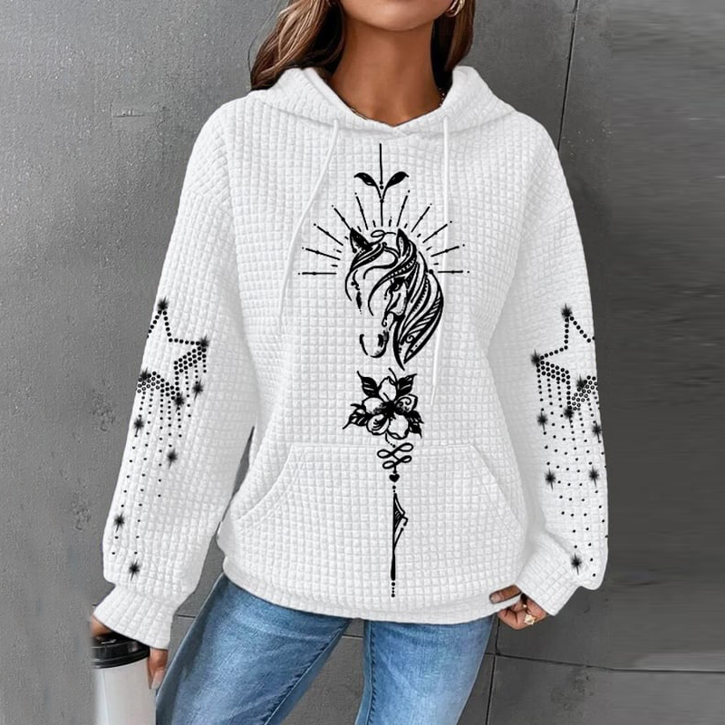 Horse Print Long Sleeve Casual Hoodie wearshes