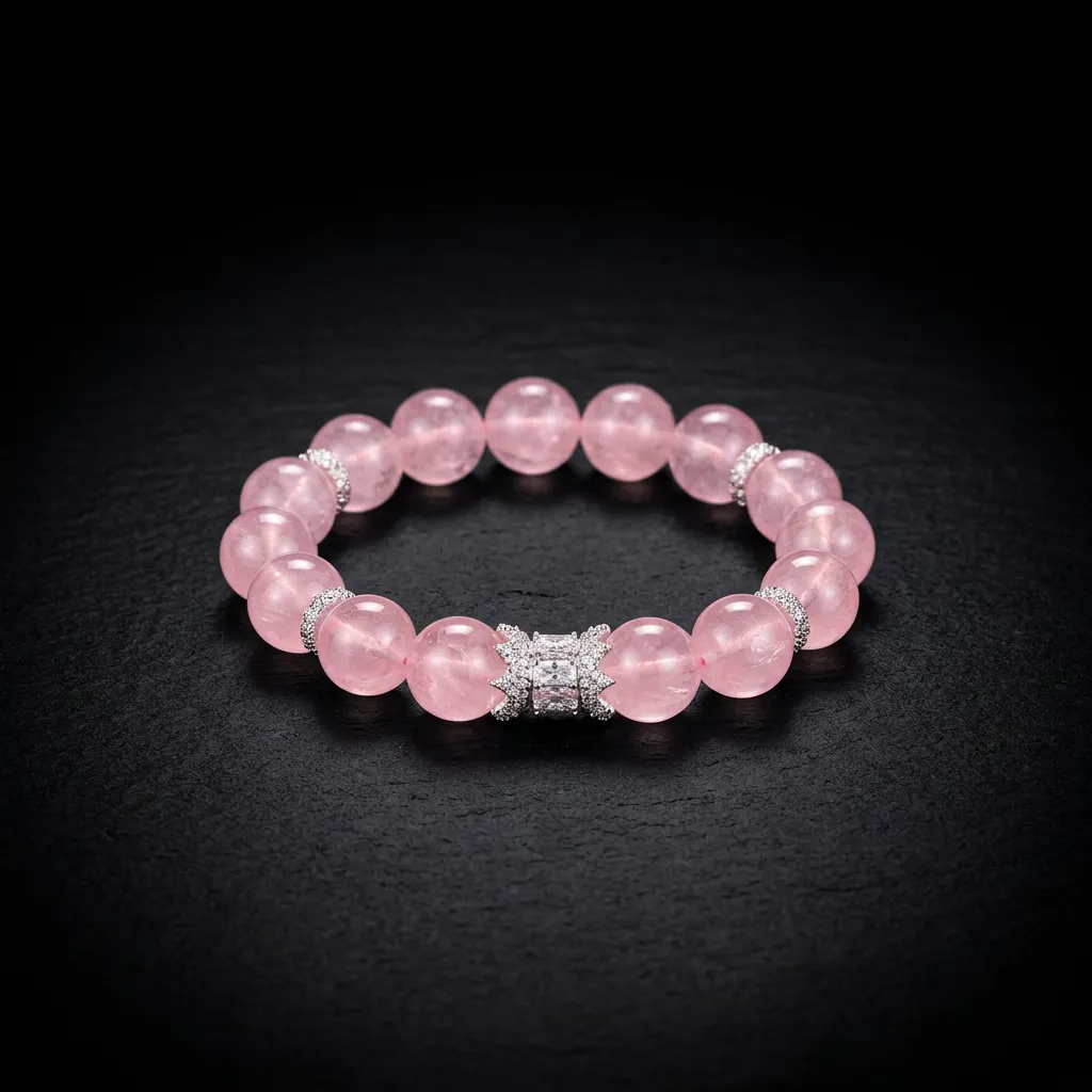 JiStones Ethereal Rose Quartz Beaded Bracelet with Pav&eacute; Crystal Accents Blush Rose & Sparkling Pav&eacute; Bow