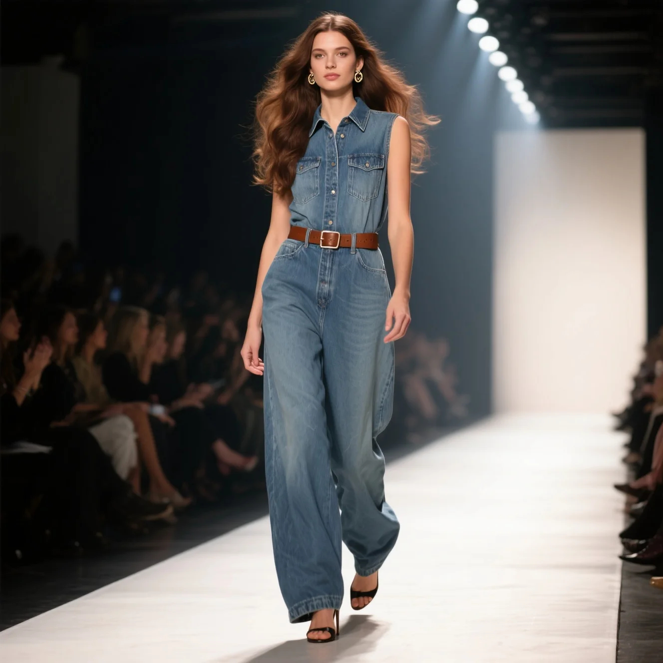Women's Fashion Elegant Shirt Lapel Sleeveless High Waist Denim Jumpsuit