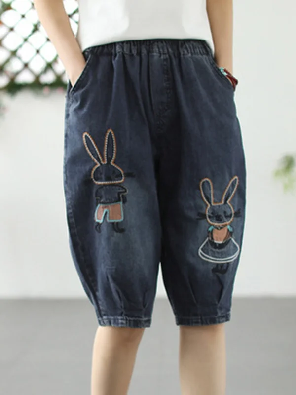 Harem Pants Roomy Applique Elasticity Embroidered Half Pants Jean Pants Bottoms