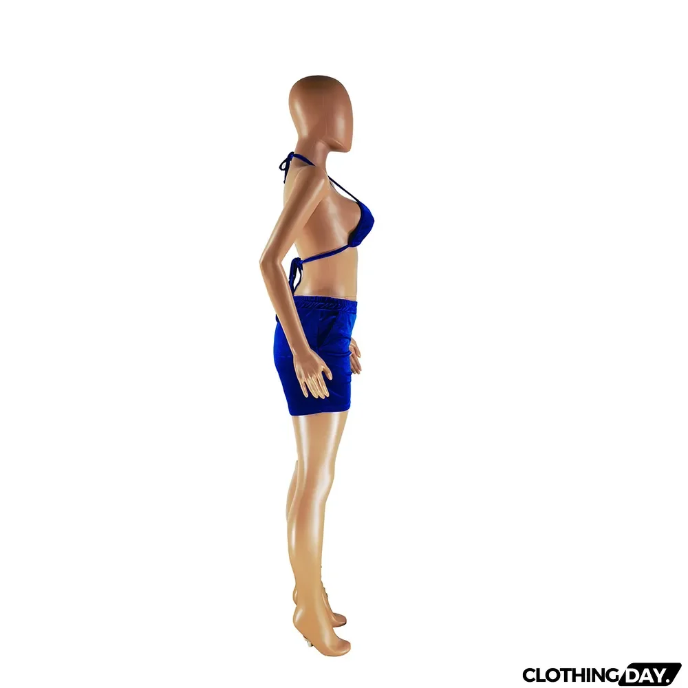 Solid Color Velvet Bra Lace-up Casual Shorts Two-piece Set