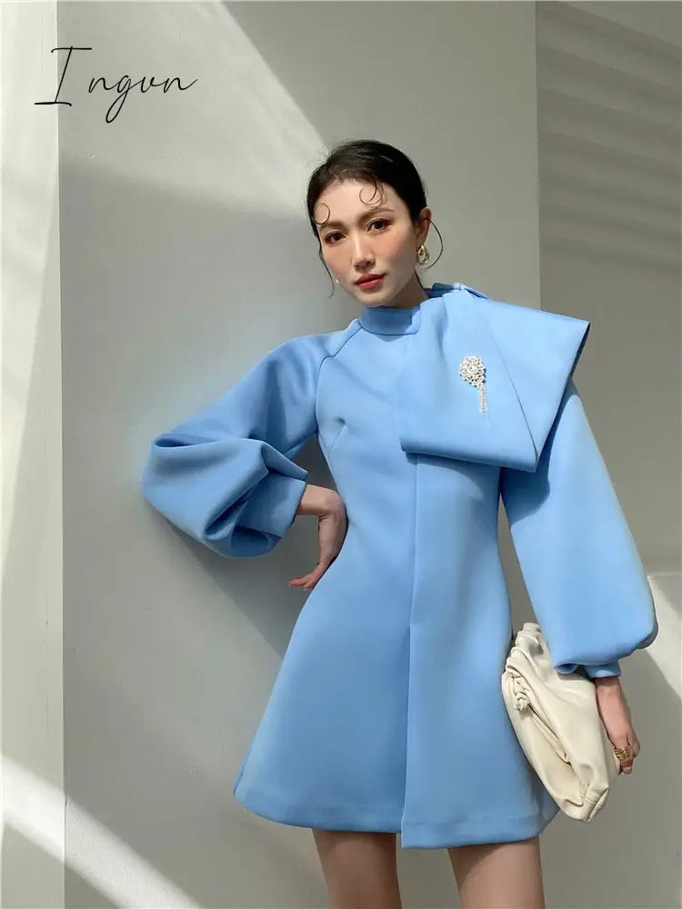 Ingvn - Women’s Lantern Sleeve Dress Female Vintage Fashion O-Neck Elegant Trendy Sense Dresses