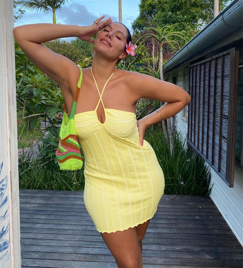 Ootddress Strapless Knit Mini Dresses Women Off-Shoulder Stripe Knitting Bodycon Dress Summer Beach Party Halter Club Streetwear