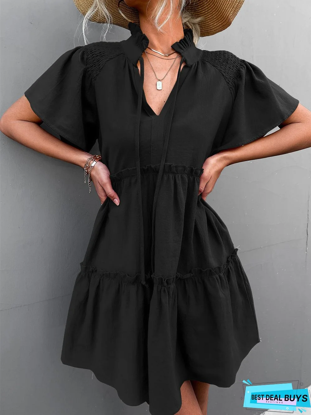 Frilly Strappy V-Neck Lace Dress A-Line Skirt