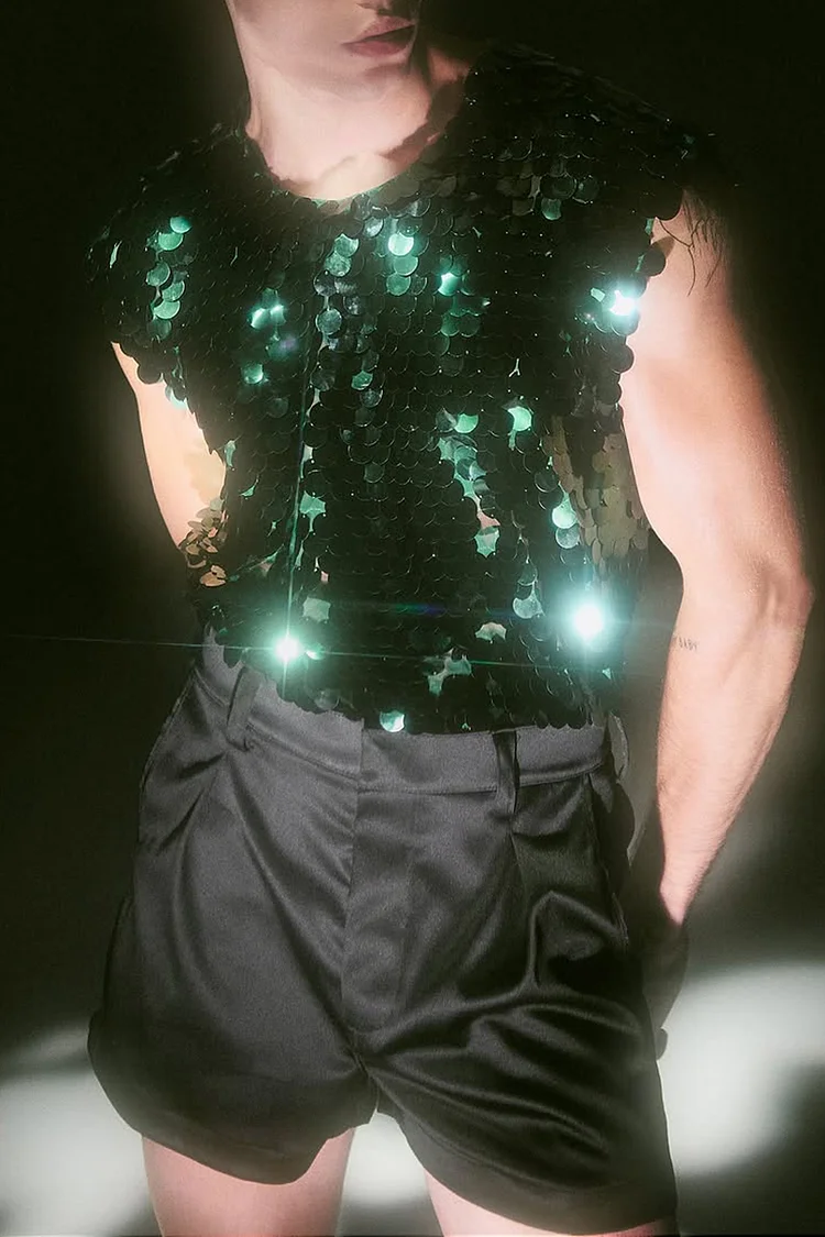 Men's Disco Sequin Slim Fit Festival Green Top [Pre-Order]