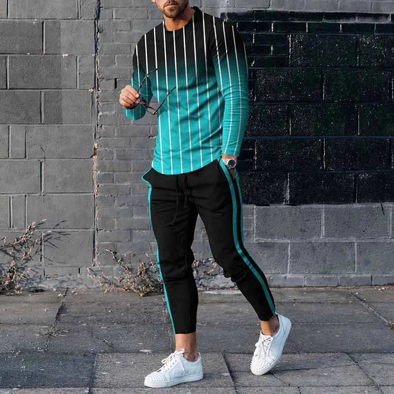 Men'S Gradient Vertical Stripes Long Sleeve T-Shirt And Pants