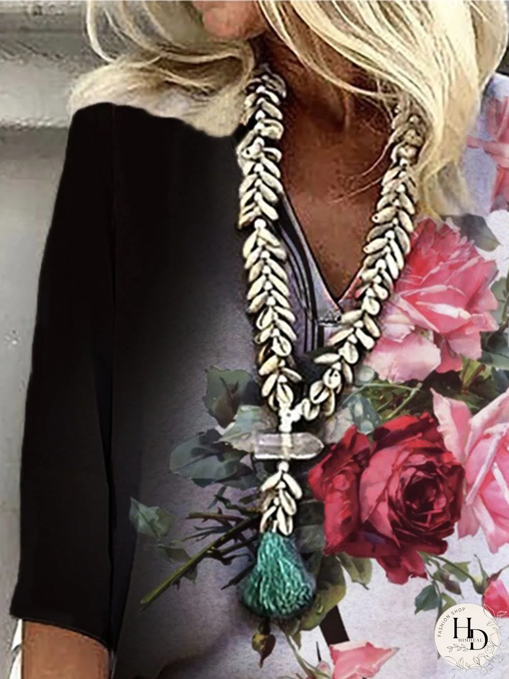 Color-block Rose 3/4 Sleeve V Neck Plus Size Casual Tops