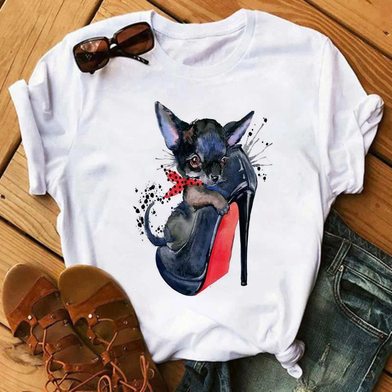Cute Cat In Red High-heeled Printed Women T Shirts Casual Short Sleeve O-neck T-shirt Christmas Tshirts Tees Female Tops