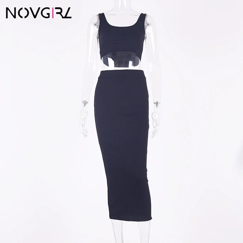 Novgril Rib Knit Two Piece Set Dress Women 2019 Summer Neon Vest Crop Top and Long Skirt 2 Piece Suit Sexy Club Party Midi Dress