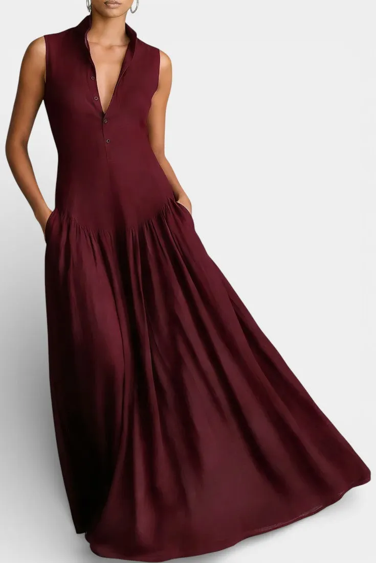 Deep-Valley Collar Sleeveless Maxi Dress