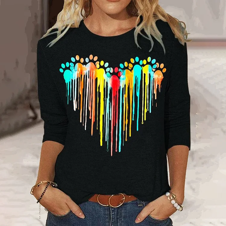 Rainbow Dog Paw Print Casual T-Shirt