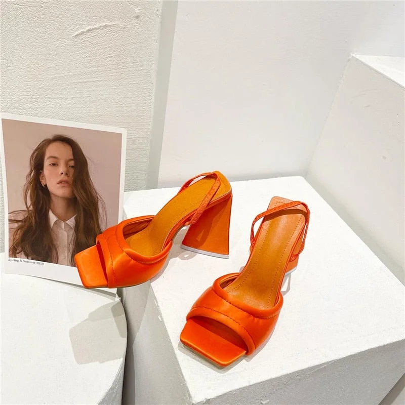 Eilyken Silk Green high heels Sandals Fashion Open Toe Triangle Square Heels Back Strap Women Sandals Dress Shoes