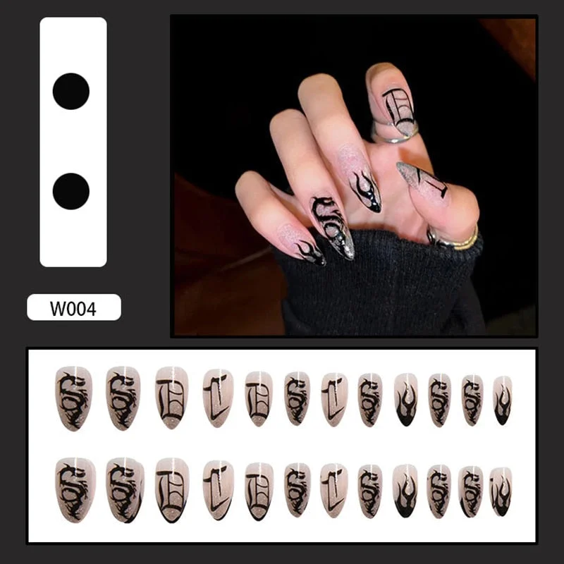 24 PCS Pointed Tip Glossy Fake Fingernails Dark Gothic Halloween makeup False Nail Tips Full Cover Press on Nails Tips With Glue 515-Nail Inspo