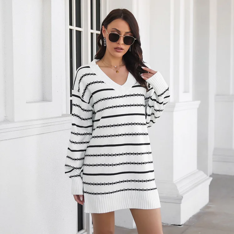 Casual Striped V-Neck Drop-Shoulder Loose Knit Sweater Dresses