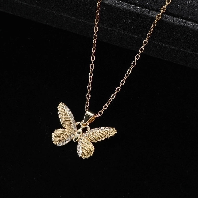 Elegant Vintage Style Butterfly Steel Copper Plating Inlay Zircon Women's Pendant Necklace